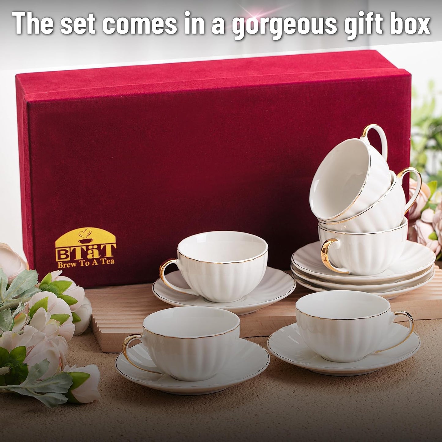BTaT- White Tea Cups and Saucers with Gift Box, 7oz, Set of 6 Tea Cups Set of 6 with Gold Rim