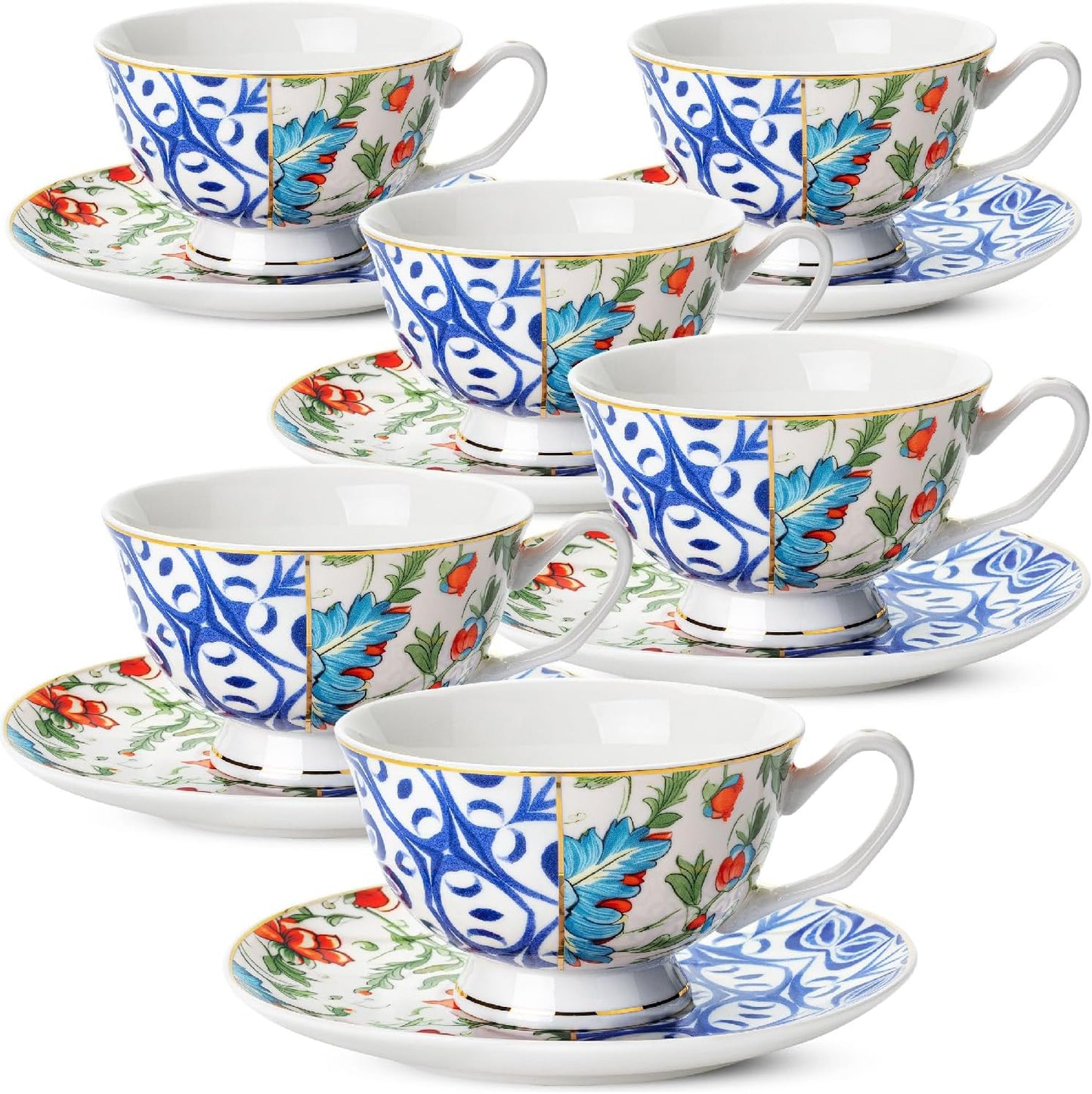 BTaT- Floral Tea Cups and Saucers, 8 oz, Tea Cups Set of 6, Porcelain Tea Cups, Cup & Saucer Sets, Tea Cup Set of 6, Tea Cup Sets for Adults