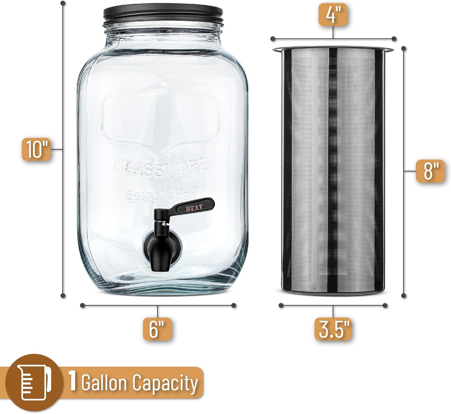 BTaT- Cold Brew Coffee Maker, 1 Gallon, Black, Mason Jar Cold Brew Maker, Cold Brewer Coffee Maker