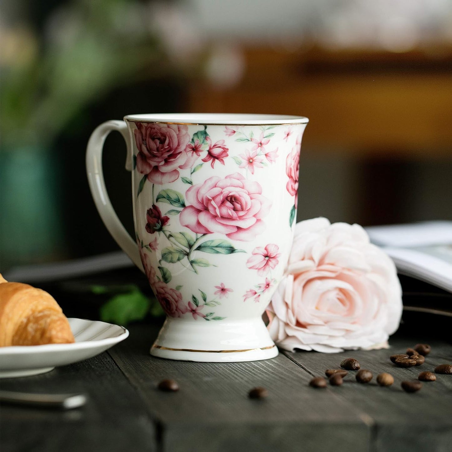 BTaT- Coffee Mugs, 12 oz, Set of 4, Floral Mugs, Porcelain Bone China, Tea Mug, Coffee Cups