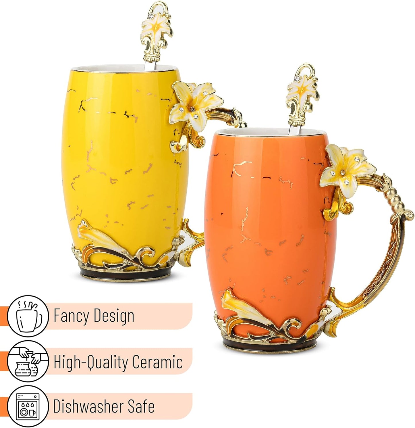BTaT - Floral Ceramic Mugs with Spoon, Set of 2, Fancy Coffee Mugs with Spoon