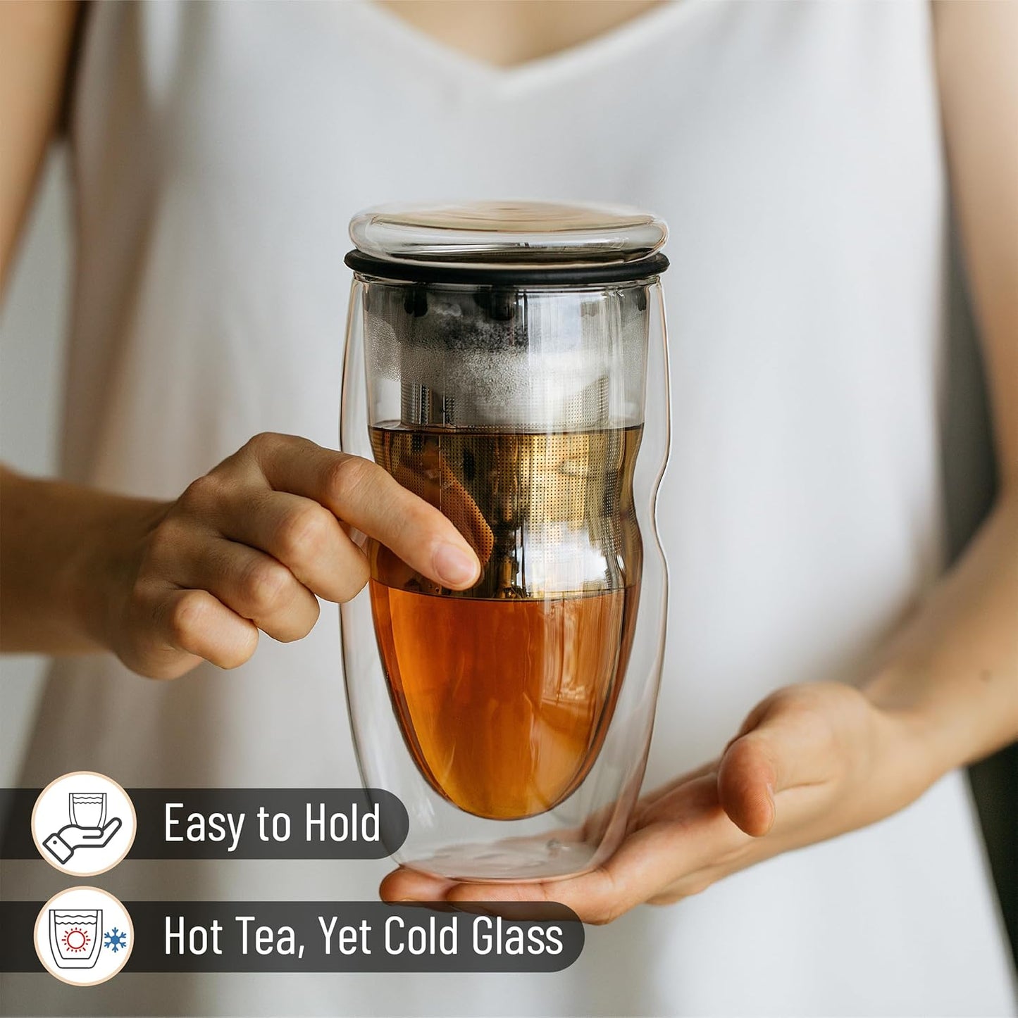 BTaT- Double Wall Glass Tea Cup With Stainless Steel Infuser, 2 Pack, 16oz