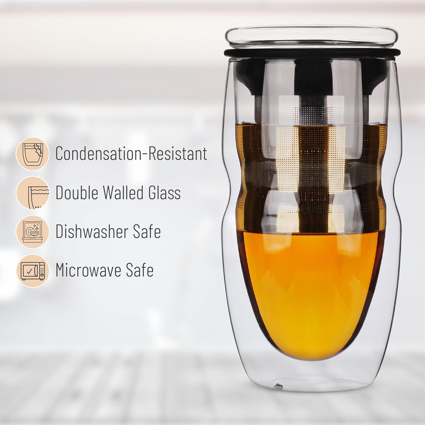 BTaT- Double Wall Glass Tea Cup With Stainless Steel Infuser, 2 Pack, 16oz