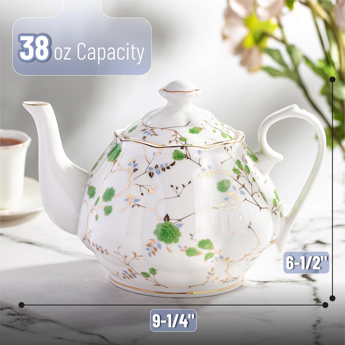 BTaT- Floral Tea Pot, Porcelain Teapot, 38 oz, Floral Teapot, Bone China Teapot for Tea Set