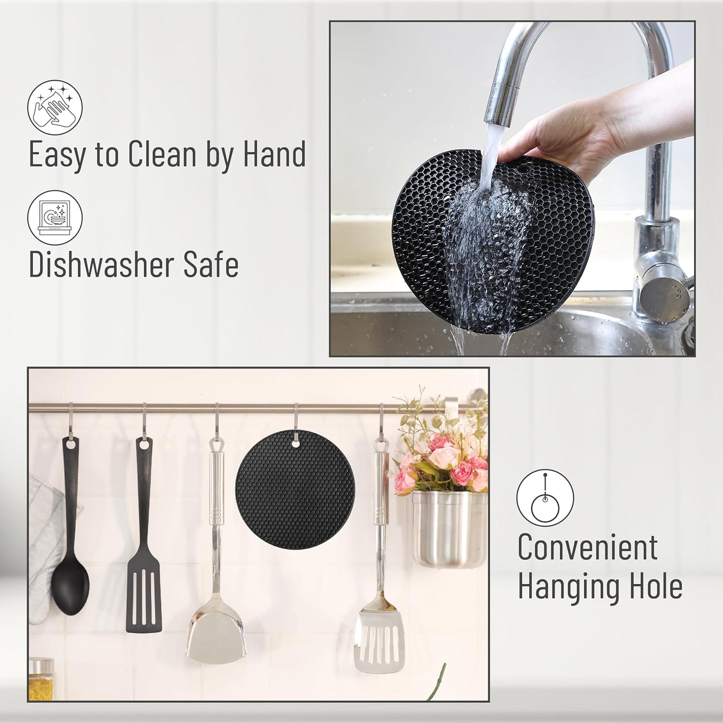 BTaT- Silicone Trivet Mats, 2 Pack, Black, Round Silicone Trivet, Silicone Hot Pads for Kitchen