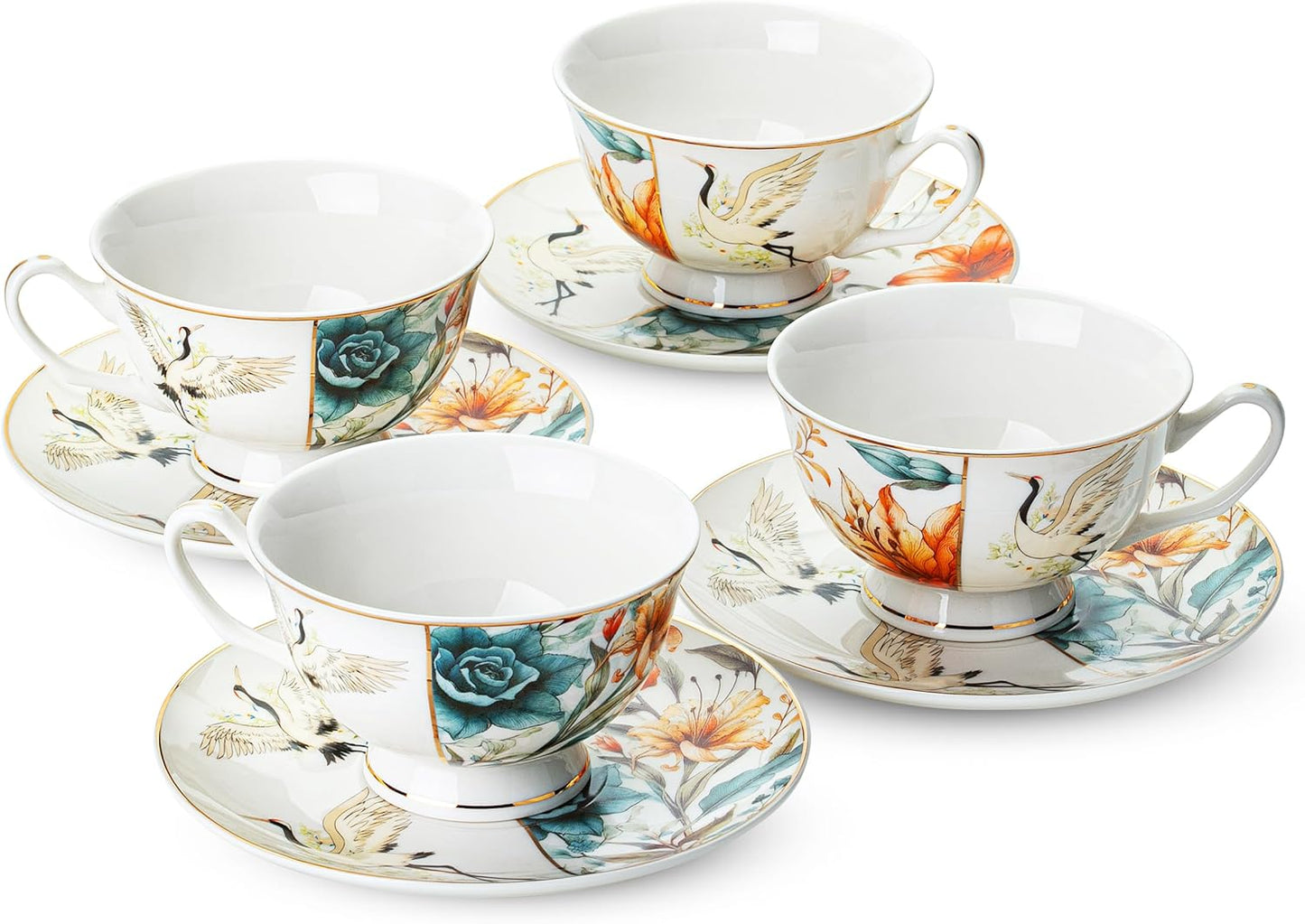 BTaT- Floral Tea Cups and Saucers with Gift Box, 8 oz, Tea Cups Set of 4, Cup & Saucer Sets, Tea Cup Set of 4