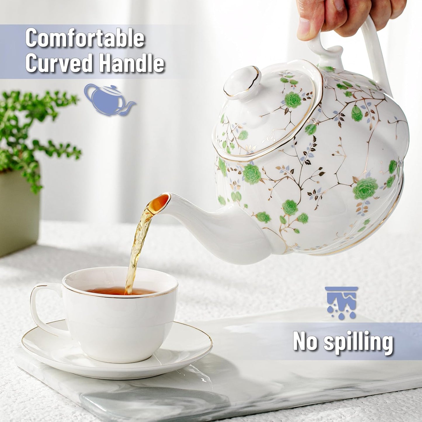 BTaT- Floral Tea Pot, Porcelain Teapot, 38 oz, Floral Teapot, Bone China Teapot for Tea Set