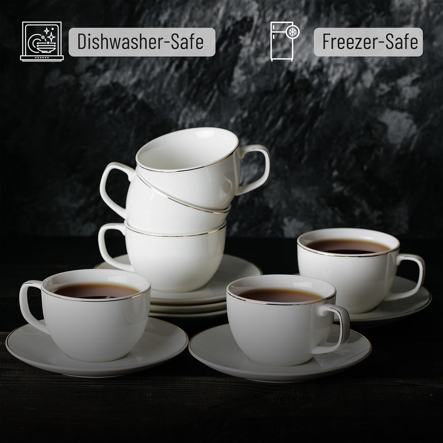 BTaT- Tea Cups and Saucers with Gold Trim, Set of 6, 7oz, White Porcelain Tea Cups