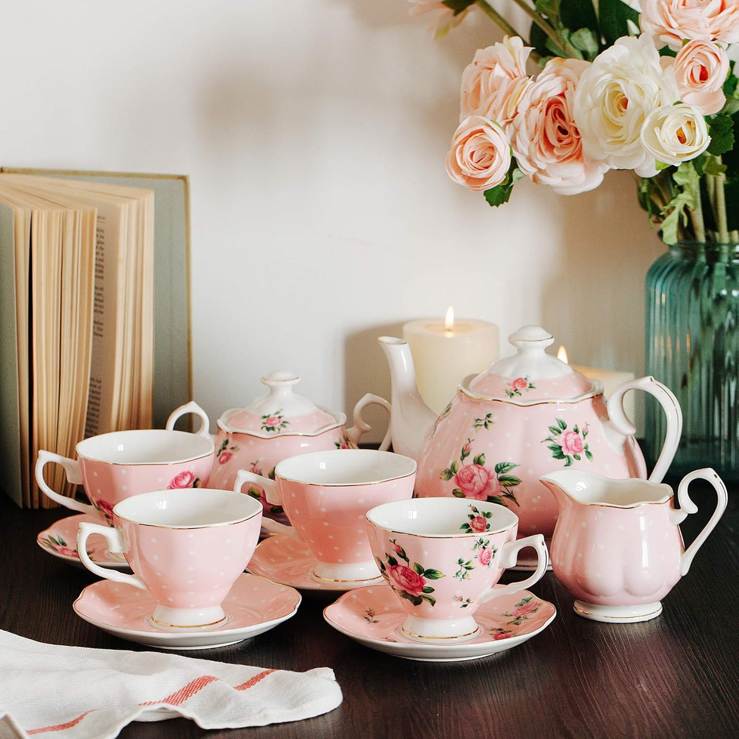 BTaT- Floral Tea Set, Tea cups (8oz), Tea Pot (38oz)