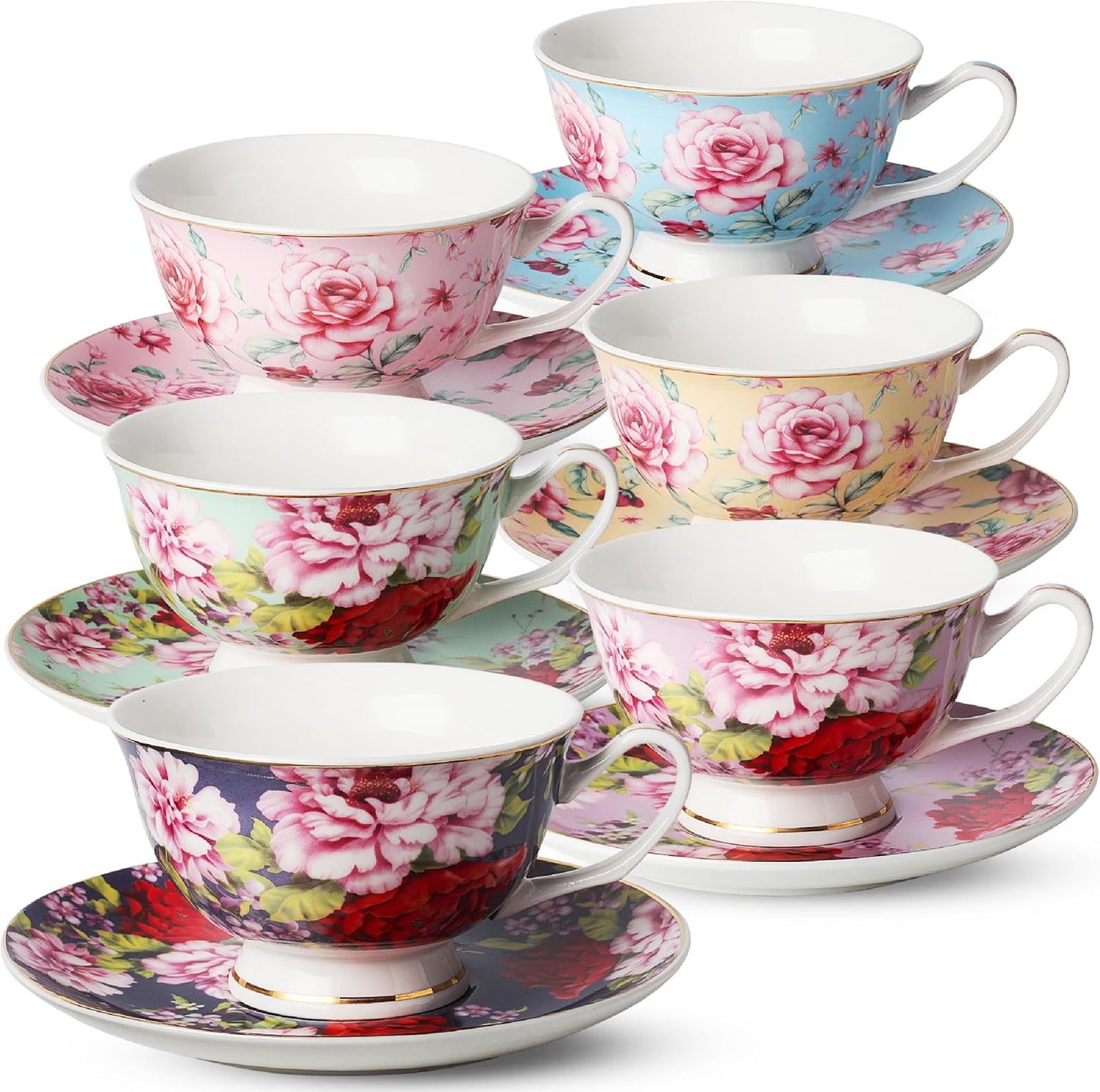 BTaT- Floral Tea Cups and Saucers with Gift Box, 8oz, Tea Cups Set of 6, Cup & Saucer Sets
