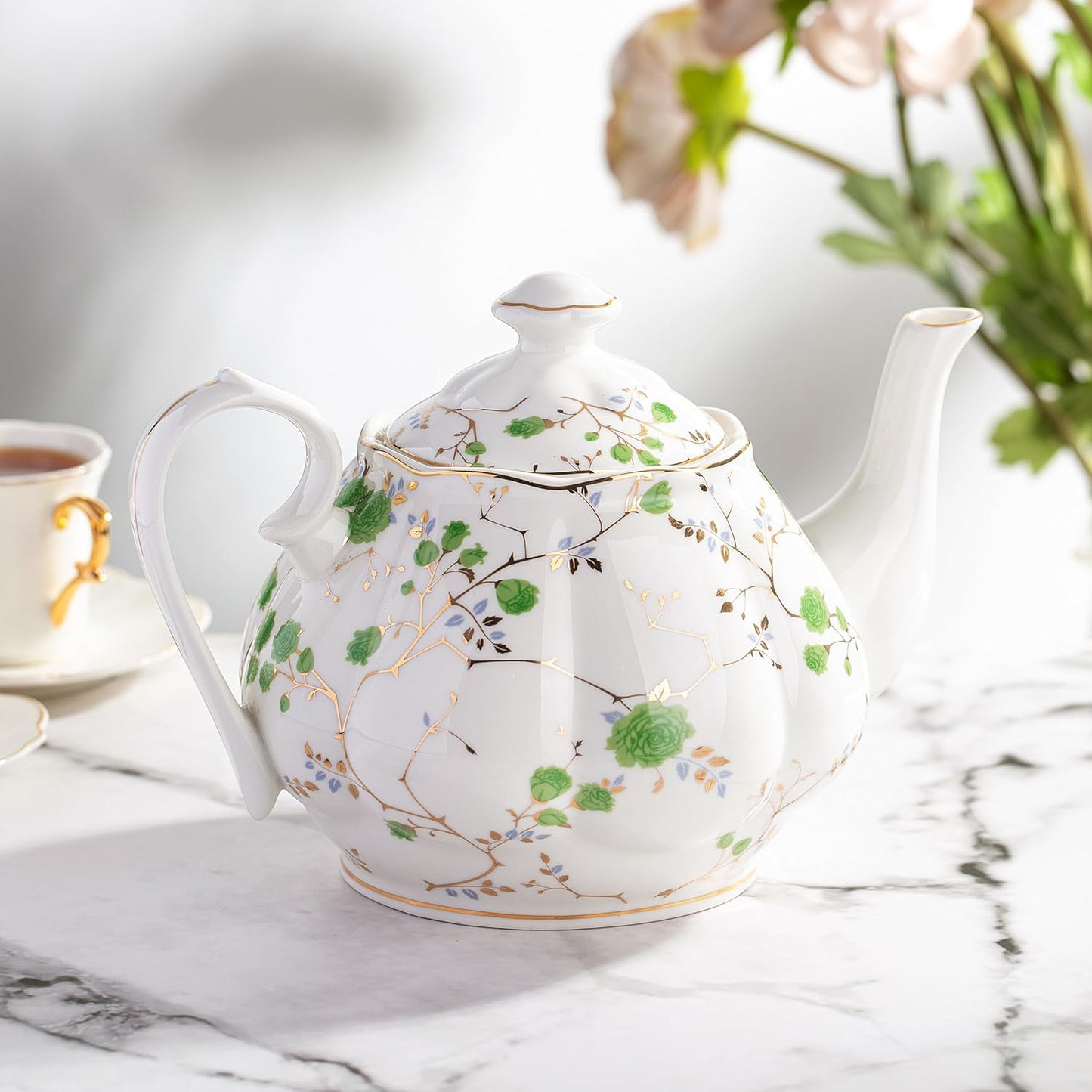BTaT- Floral Tea Pot, Porcelain Teapot, 38 oz, Floral Teapot, Bone China Teapot for Tea Set