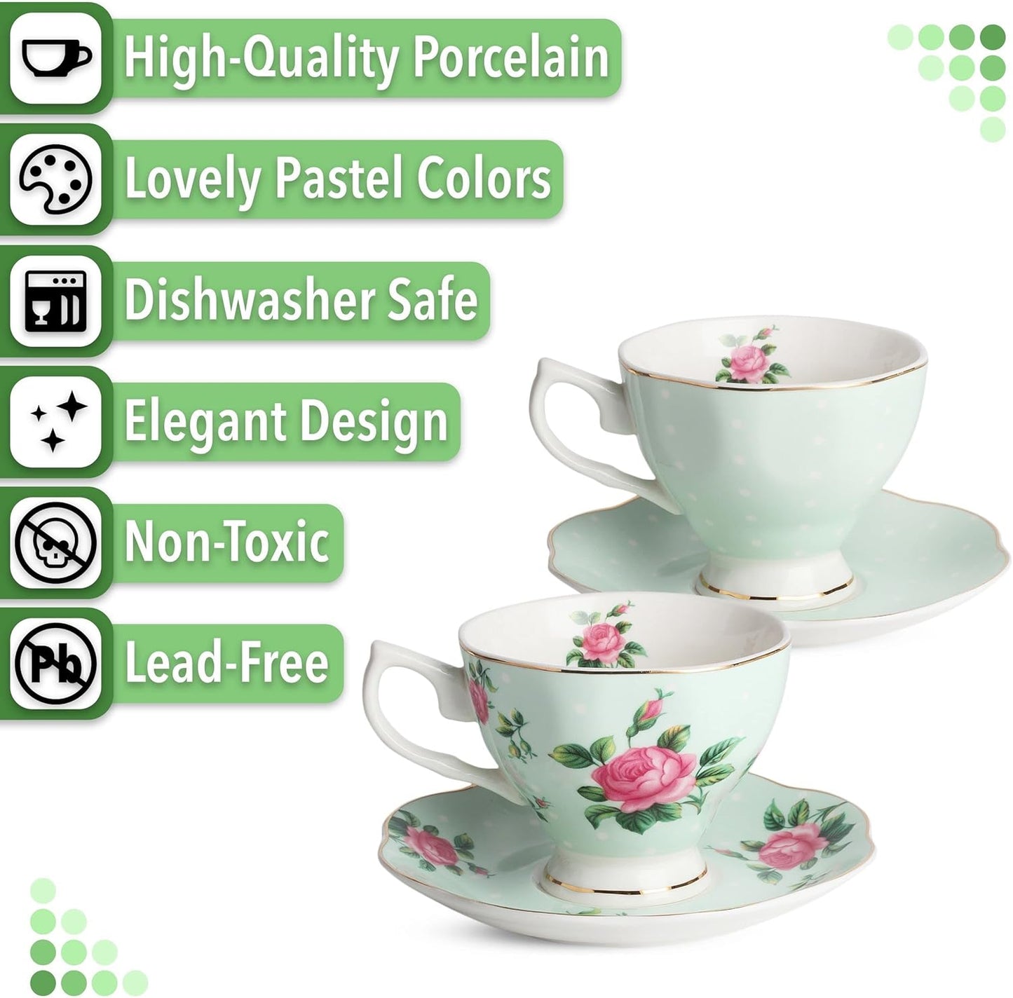 BTaT- Floral Tea Cups and Saucers, Set of 2, 8oz, with Gold Trim and Gift Box