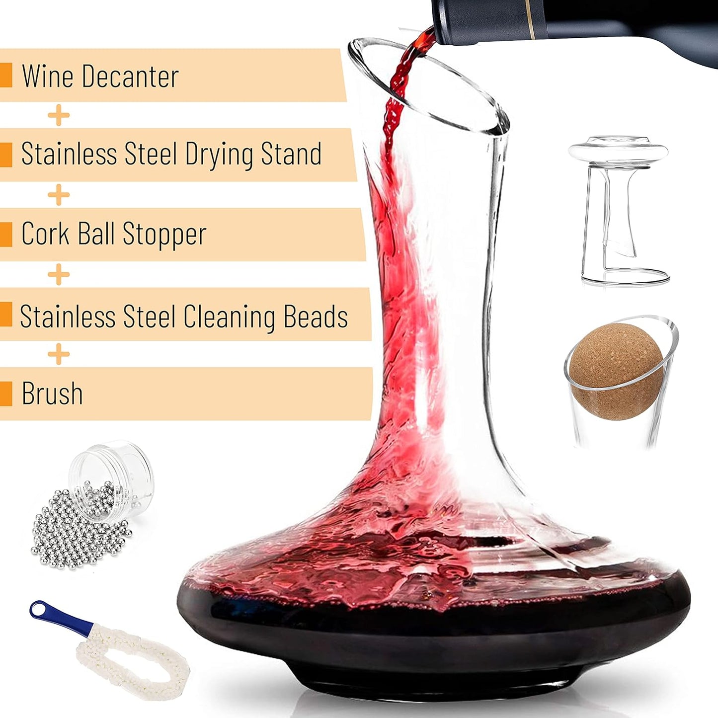 BTaT- XL Decanter with Drying Stand, Stopper, Brush and Beads