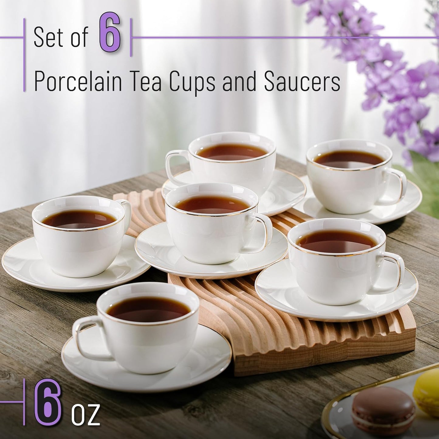 BTaT- White Tea Cups and Saucers, 6oz, Tea Cups Set of 6 with Gold Trim, Porcelain Tea Cups