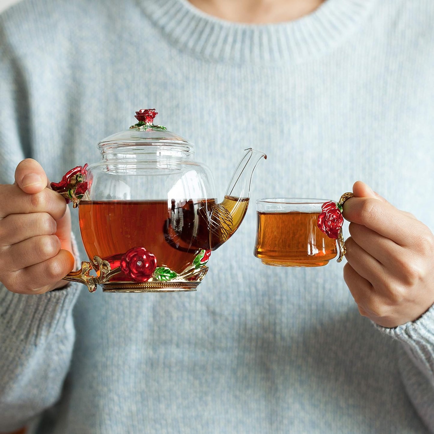 BTaT- Floral Glass Tea Set, 2 Fancy Cups, Small Glass Tea Set, Tea Pot Glass, Tea Kettle Set
