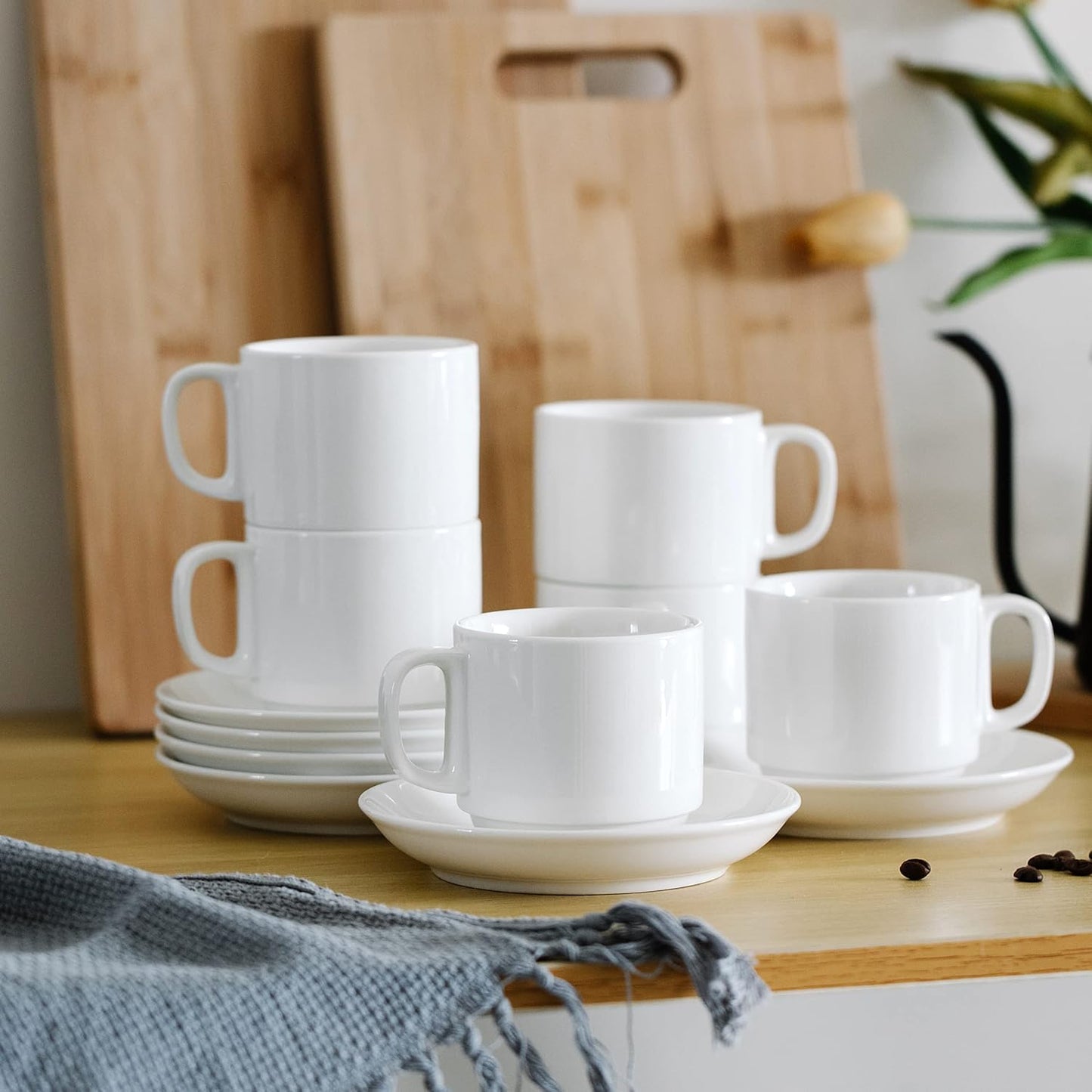 BTaT- Stackable Tea Cups and Saucers, White, Set of 6 (8 oz), Cappuccino Cups