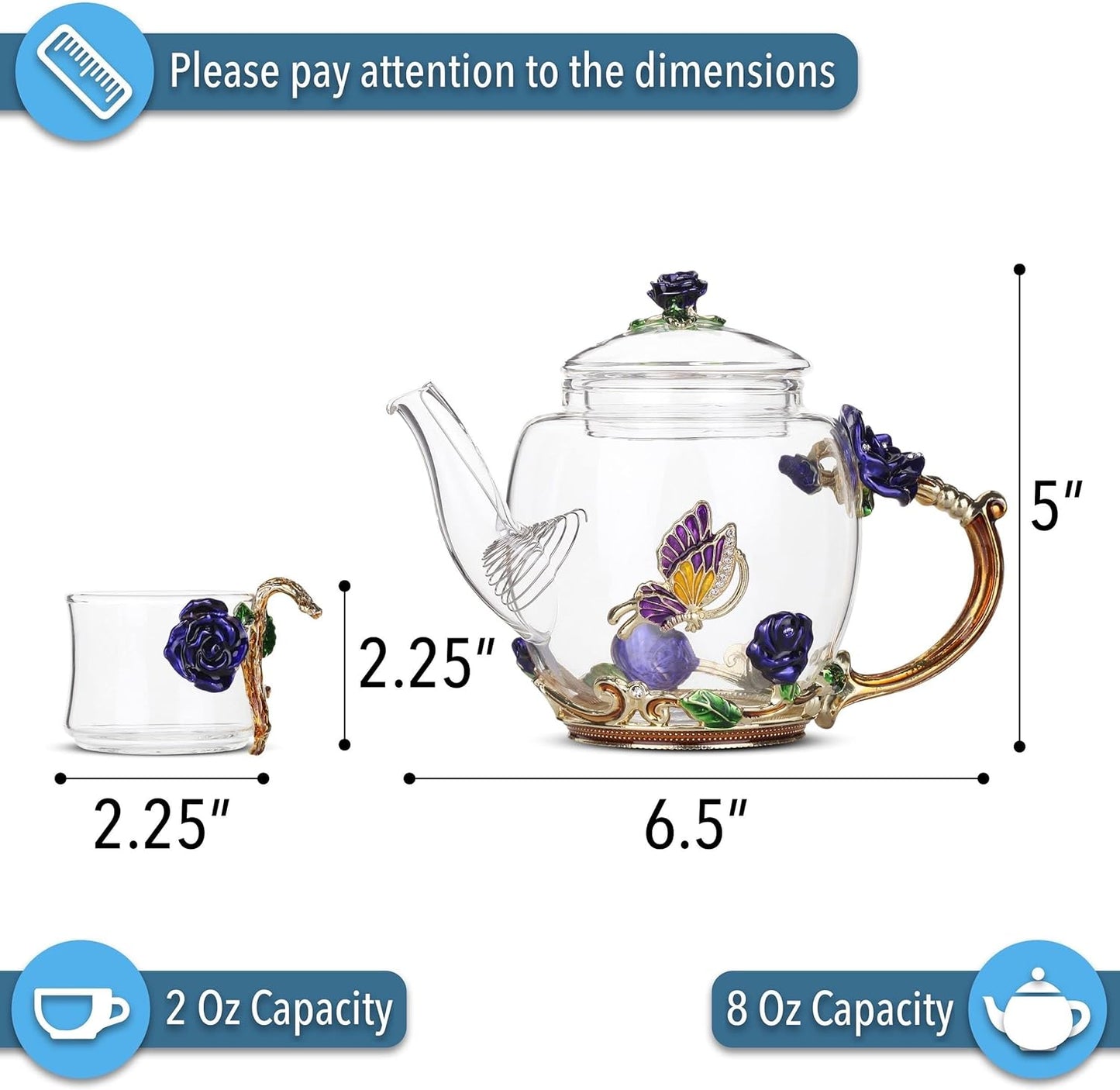 BTaT- Floral Glass Tea Set, 2 Fancy Cups, Tea Pot Glass, Tea Pot, Glass Teapo