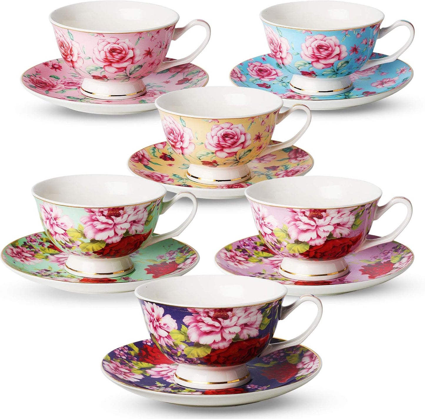 BTaT- Tea Cups, Tea Cups and Saucers Set of 6, Tea Set, Floral Tea Cups (8oz)