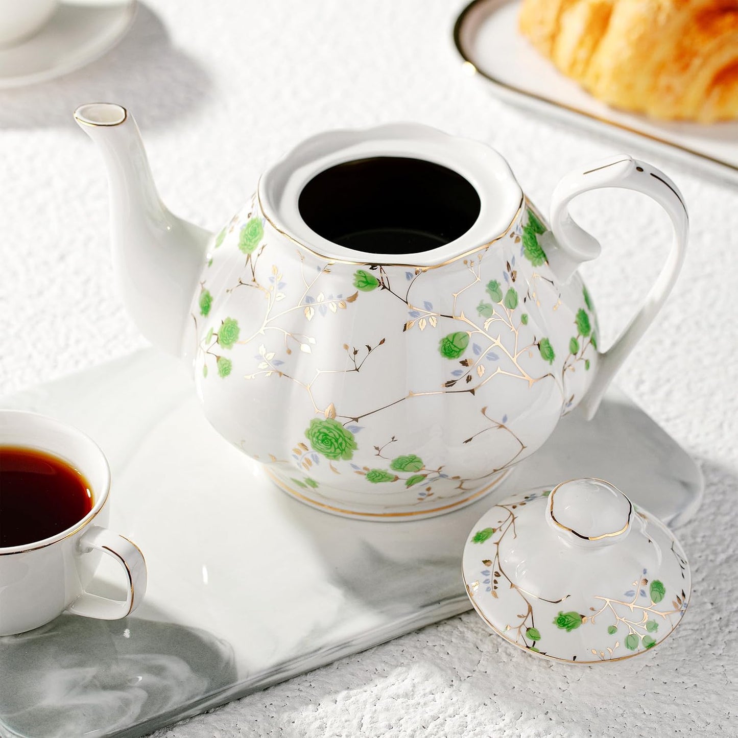 BTaT- Floral Tea Pot, Porcelain Teapot, 38 oz, Floral Teapot, Bone China Teapot for Tea Set