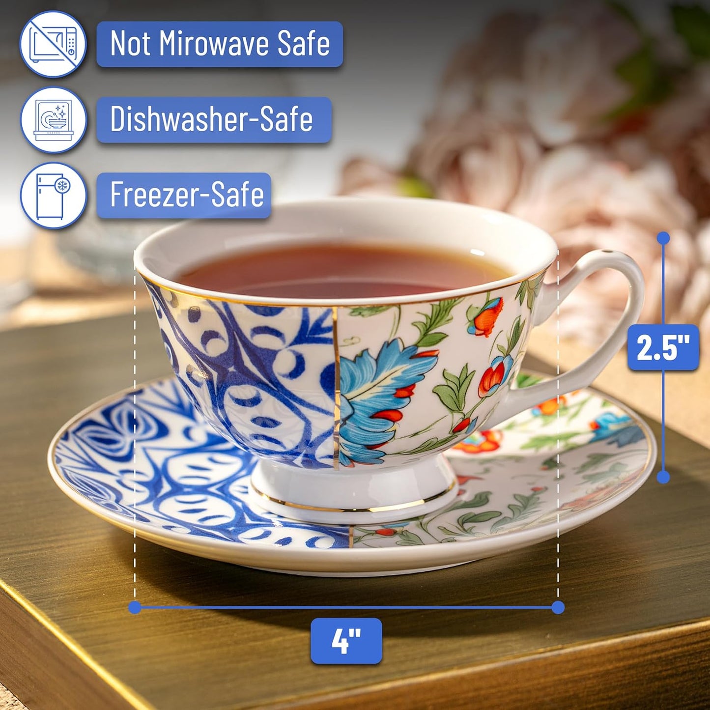 BTaT- Floral Tea Cups and Saucers, 8 oz, Tea Cups Set of 6, Porcelain Tea Cups, Cup & Saucer Sets, Tea Cup Set of 6, Tea Cup Sets for Adults