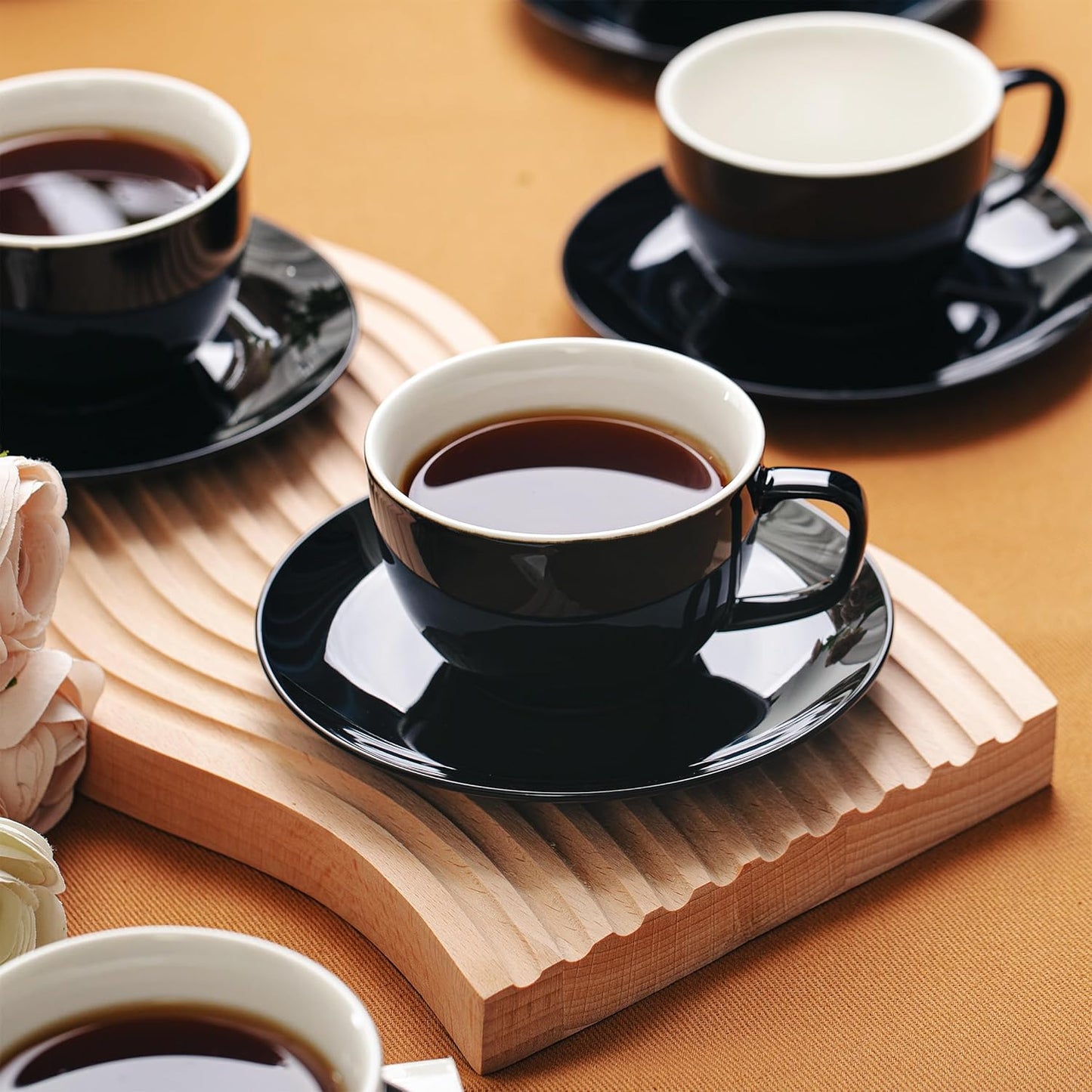 BTaT- Tea Cups and Saucers, 6oz, Tea Cups Set of 6, Porcelain Tea Cups, Black Cup & Saucer Sets