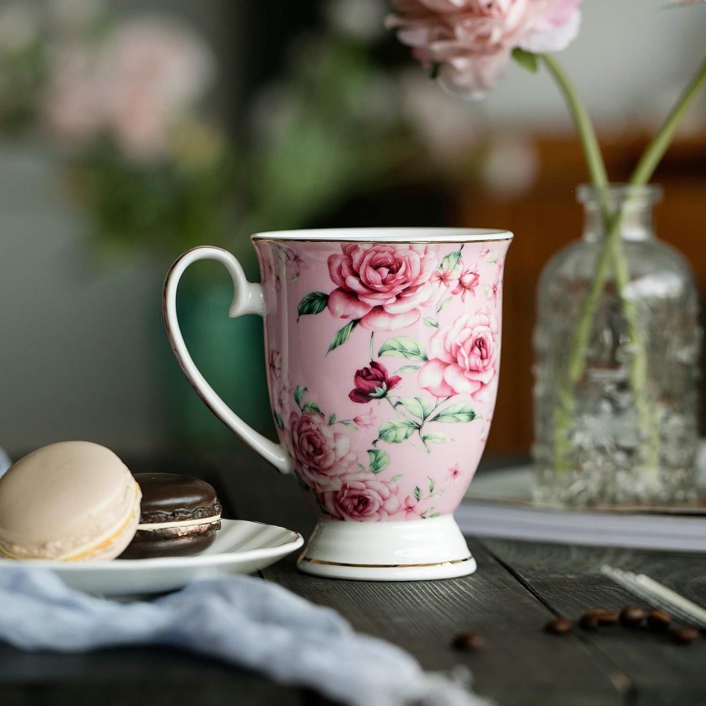 BTaT- Coffee Mugs, 12 oz, Set of 6, Floral Mugs, Porcelain Bone China, Tea Mug