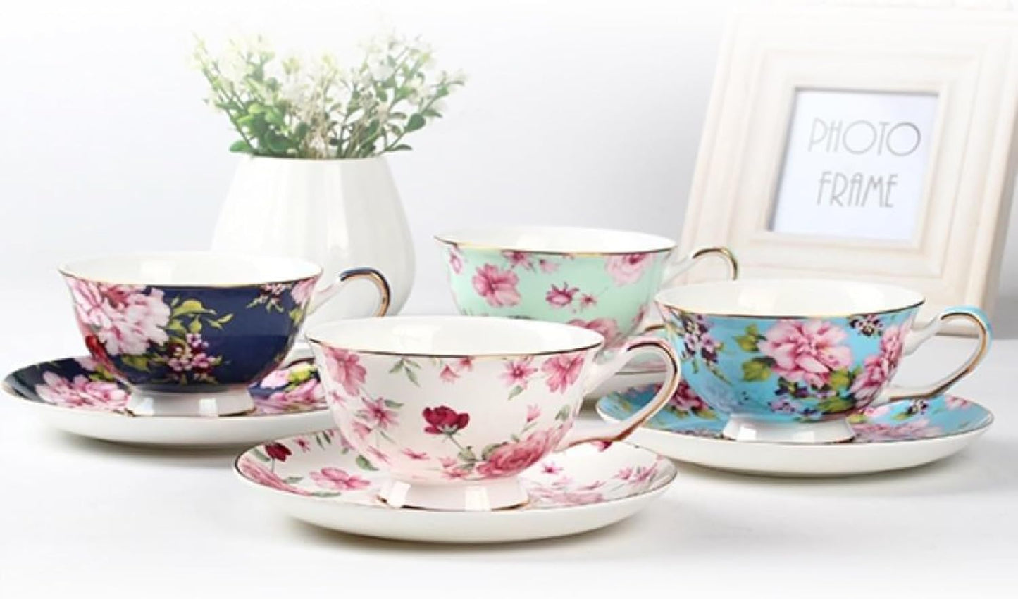 BTaT- Floral Tea Cups and Saucers with Gift Box, 8 oz, Tea Cups Set of 4