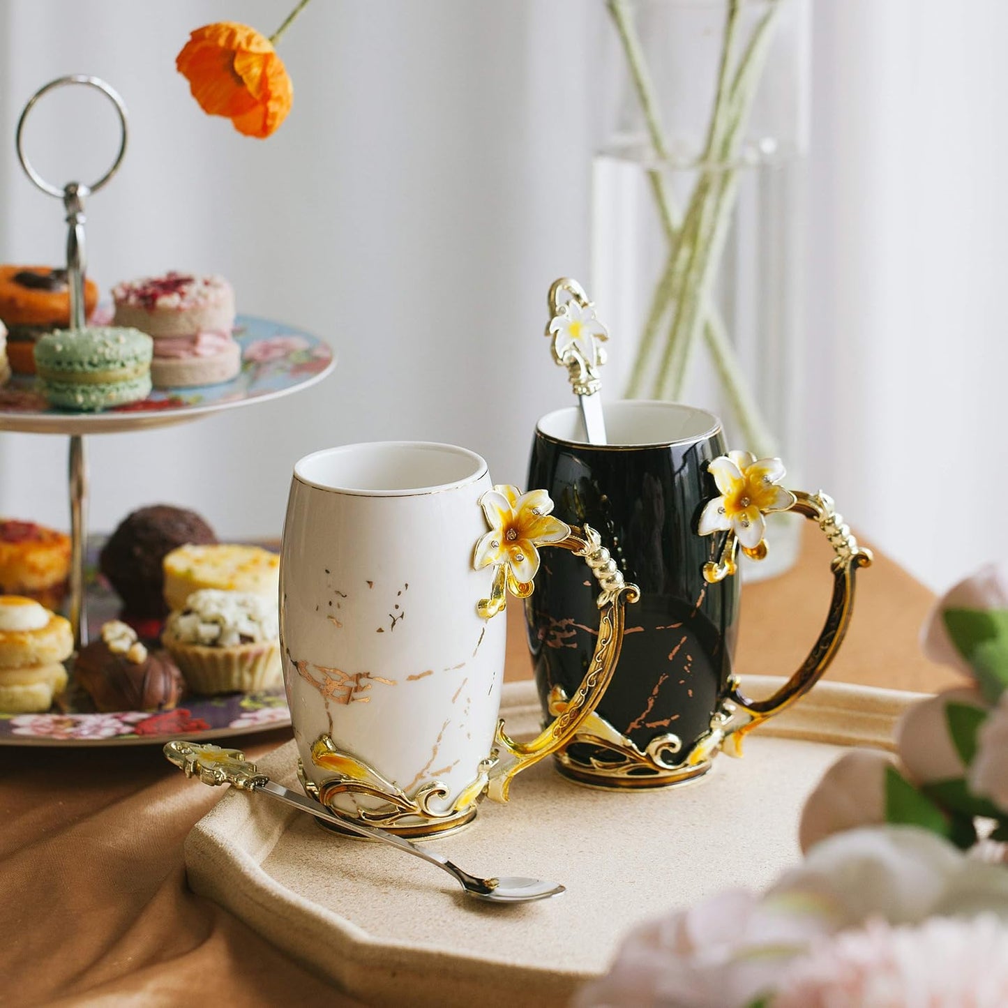 BTaT- Floral Ceramic Mugs with Spoon, Set of 2, Black & White