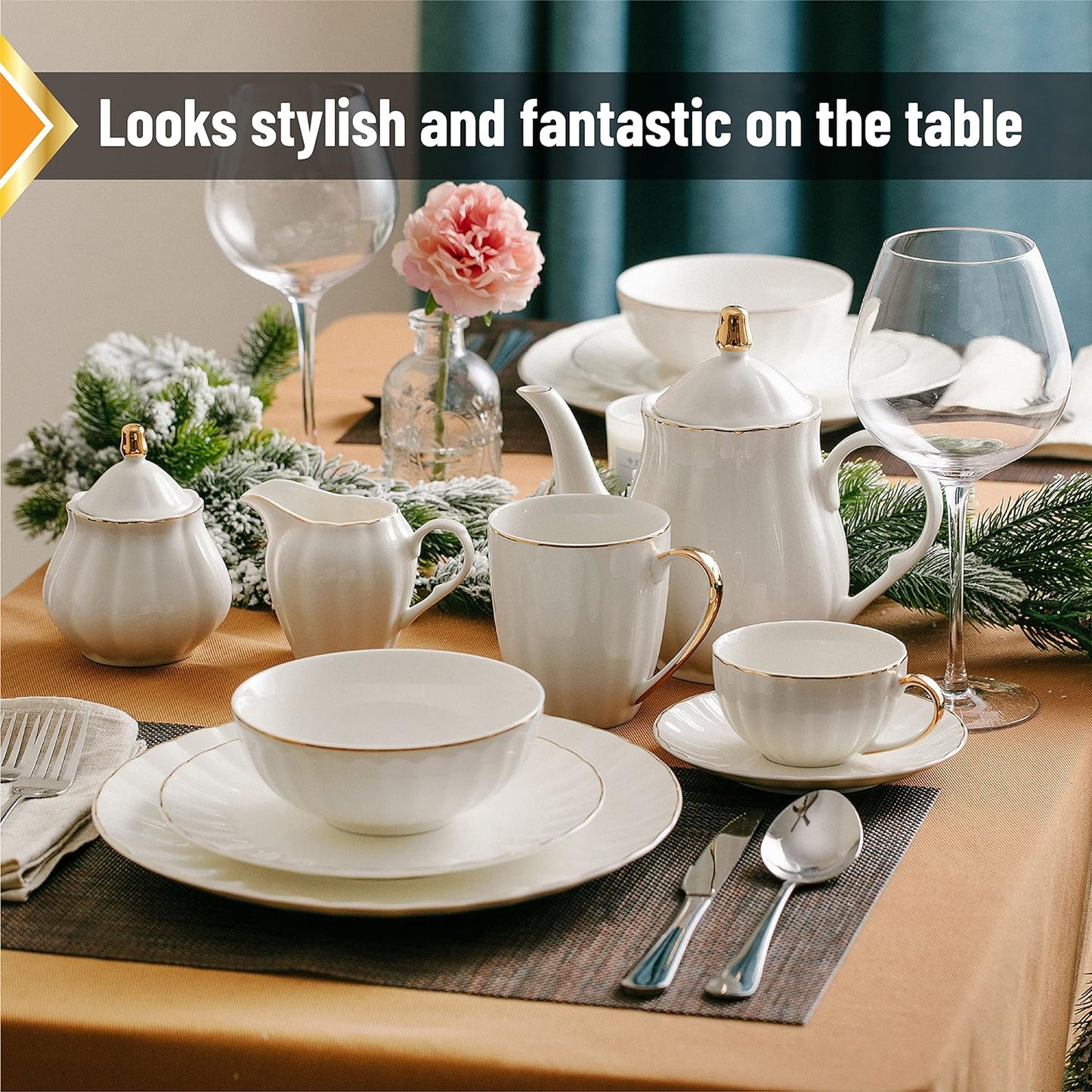 BTaT- Porcelain Dinner Plates with Gold Trim,10.5 inch, Set of 6