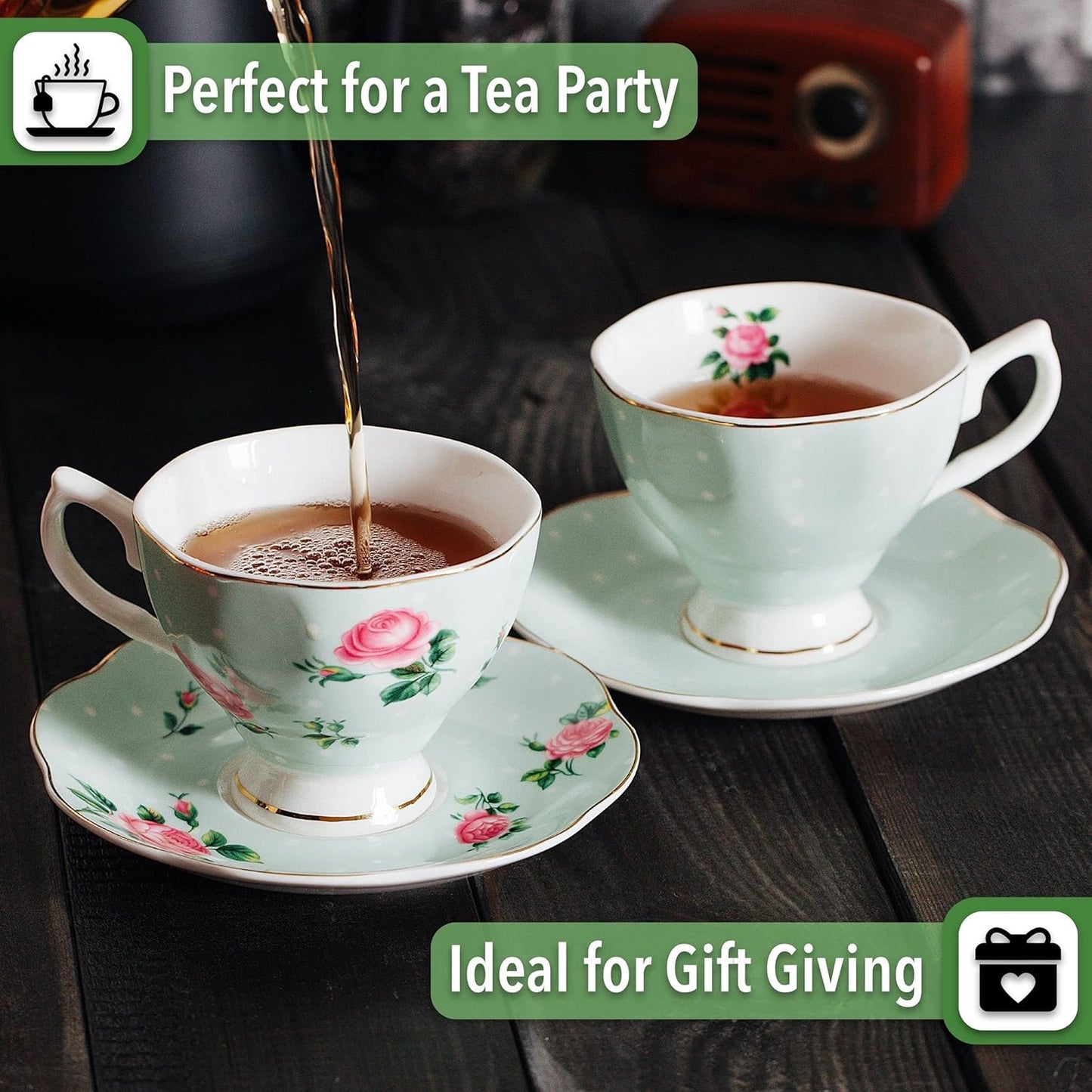 BTaT- Floral Tea Cups and Saucers, Set of 2, 8oz, with Gold Trim and Gift Box
