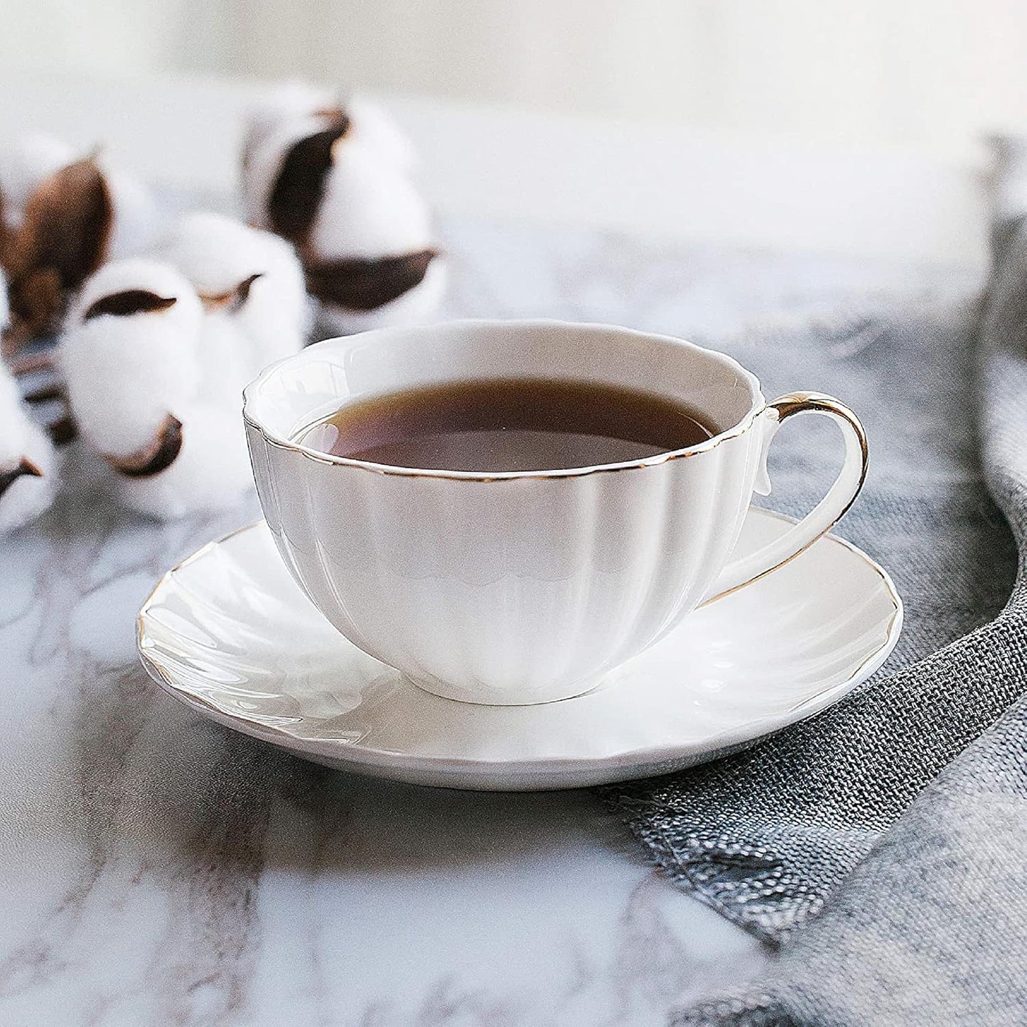 BTaT- White Tea Cups and Saucers with Gift Box, 7oz, Set of 6 Tea Cups Set of 6 with Gold Rim