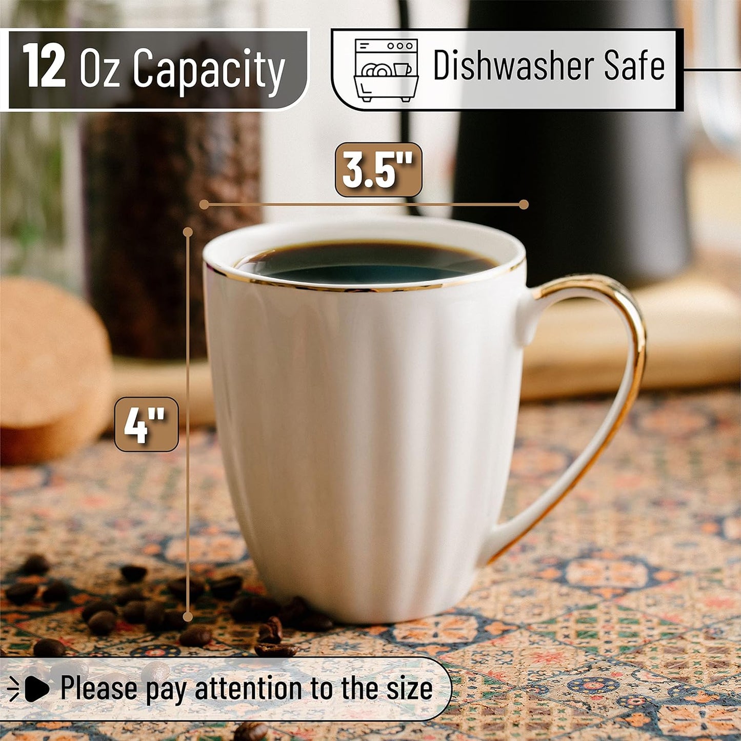 BTaT- White Coffee Mugs, Set of 6, 12oz, White Porcelain with Gold Trim Coffee Mug Set