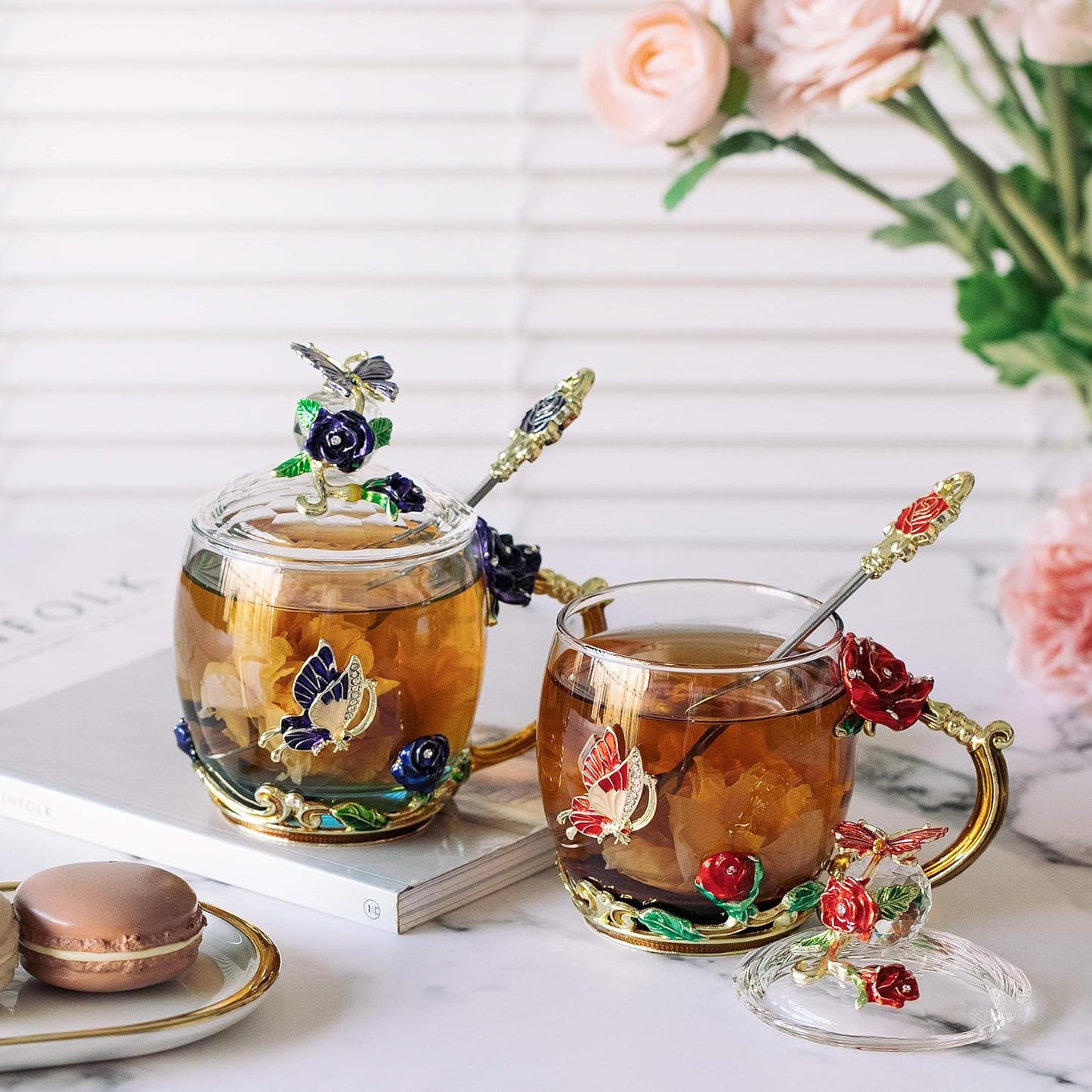 BTaT- Floral Glass Tea Cups with Lids, Pack of 2, Flower Tea Cups, Fancy Tea Cups