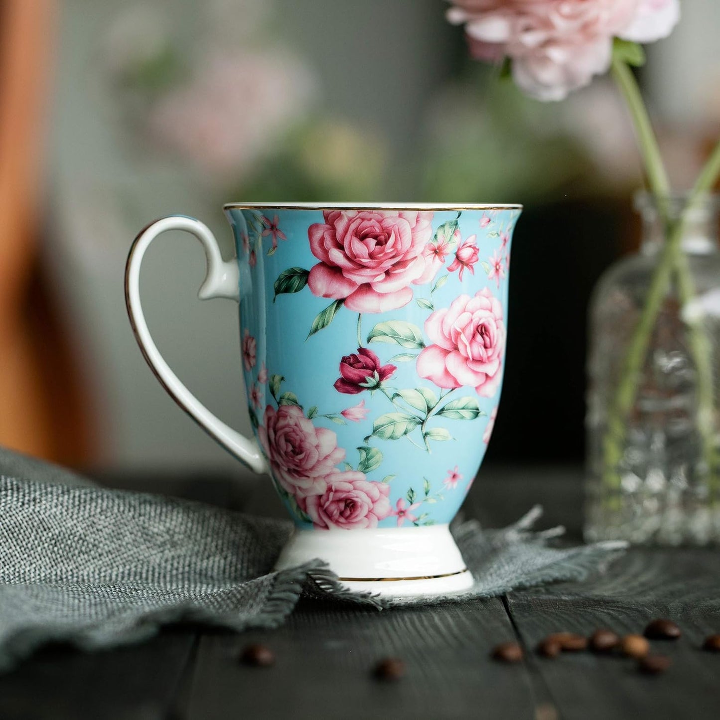 BTaT- Coffee Mugs, 12 oz, Set of 6, Floral Mugs, Porcelain Bone China, Tea Mug