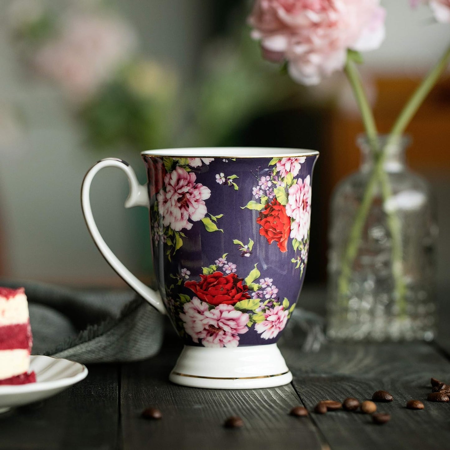 BTaT- Coffee Mugs, 12 oz, Set of 6, Floral Mugs, Porcelain Bone China, Tea Mug