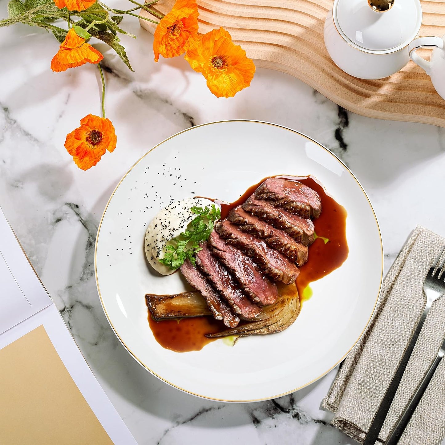 BTaT- White Porcelain Dinner Plates with Gold Rim, Set of 6, 10.5", Porcelain Dinner Plates