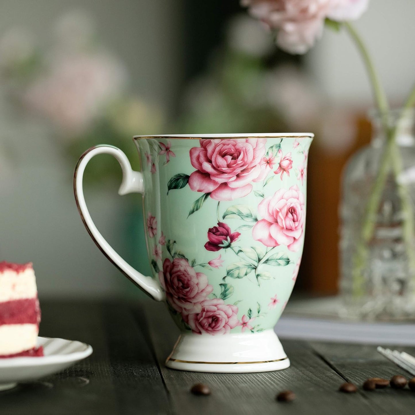 BTaT- Coffee Mugs, 12 oz, Set of 4, Floral Mugs, Porcelain Bone China, Tea Mug, Coffee Cups