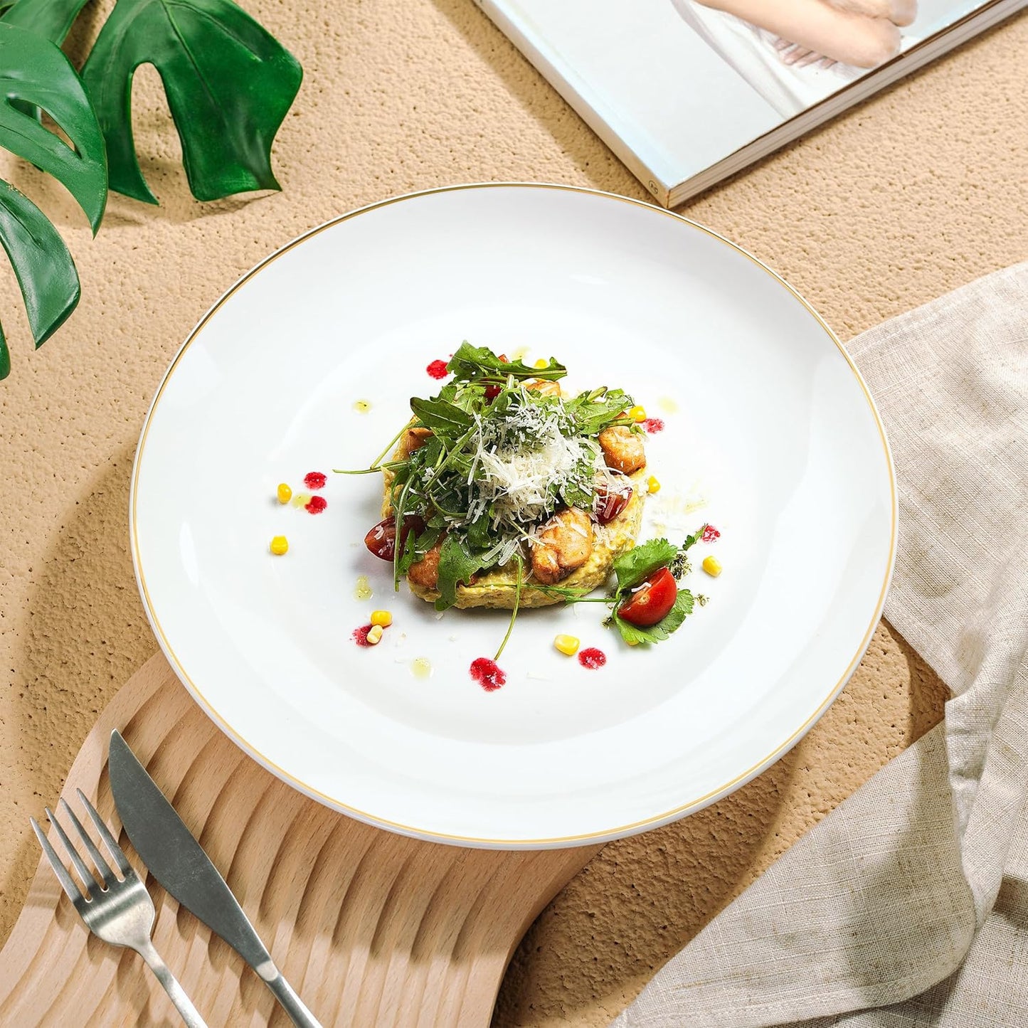 BTaT- White Porcelain Dinner Plates with Gold Rim, Set of 6, 10.5", Porcelain Dinner Plates