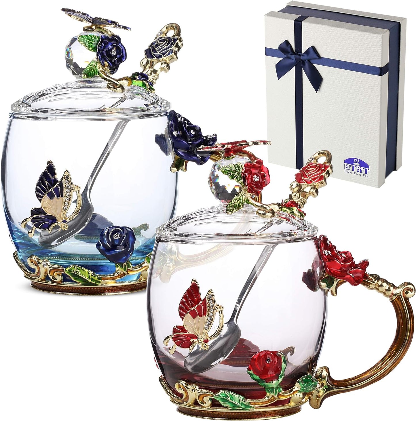BTaT- Floral Glass Tea Cups with Lids, Pack of 2, Flower Tea Cups, Fancy Tea Cups
