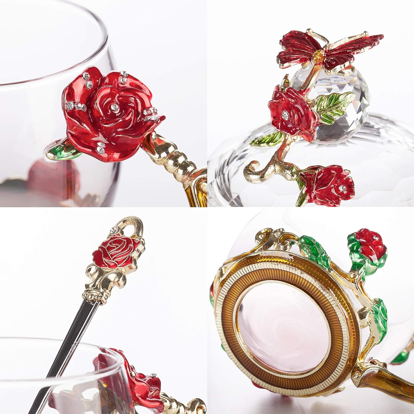 BTaT- Floral Glass Tea Cups with Lids, Pack of 2, Flower Tea Cups, Fancy Tea Cups