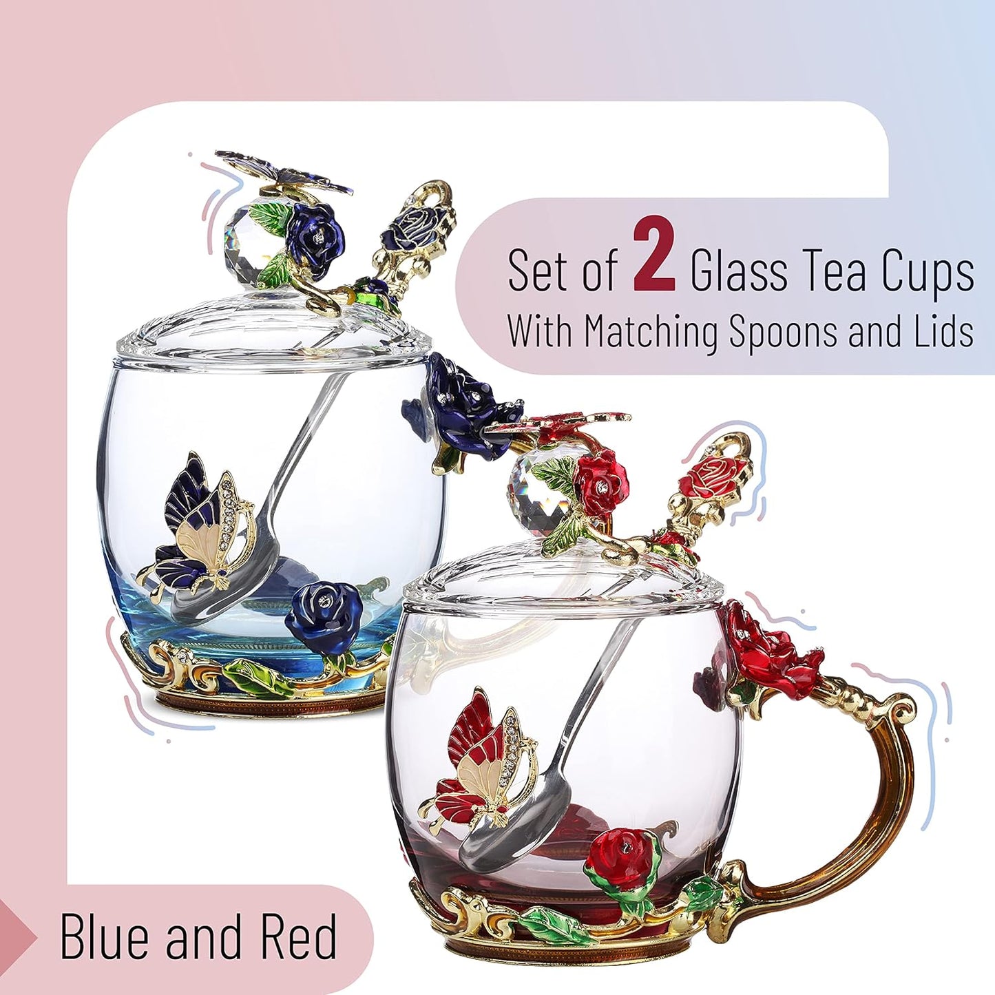 BTaT- Floral Glass Tea Cups with Lids, Pack of 2, Flower Tea Cups, Fancy Tea Cups
