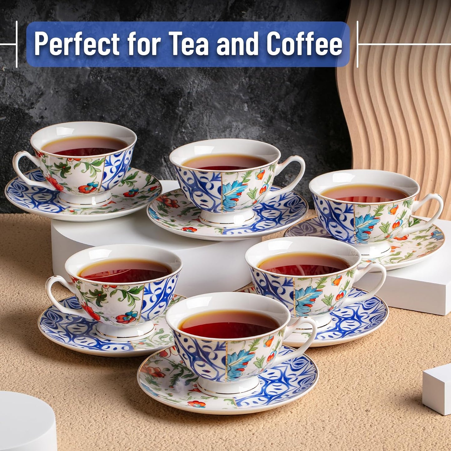 BTaT- Floral Tea Cups and Saucers, 8 oz, Tea Cups Set of 6, Porcelain Tea Cups, Cup & Saucer Sets, Tea Cup Set of 6, Tea Cup Sets for Adults