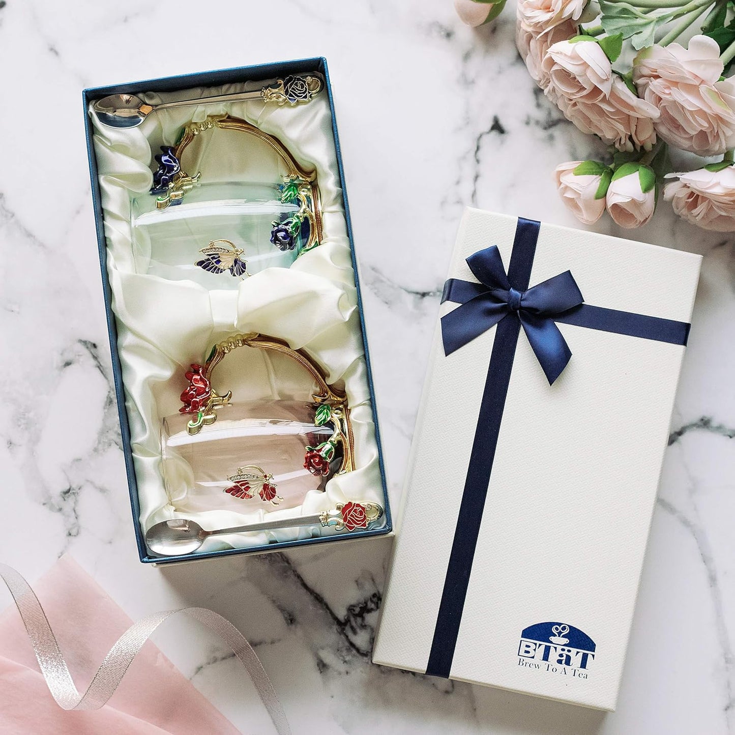 BTaT- Floral Glass Tea Cups, Pack of 2, Flower Tea Cups for Women, Fancy Tea Cups