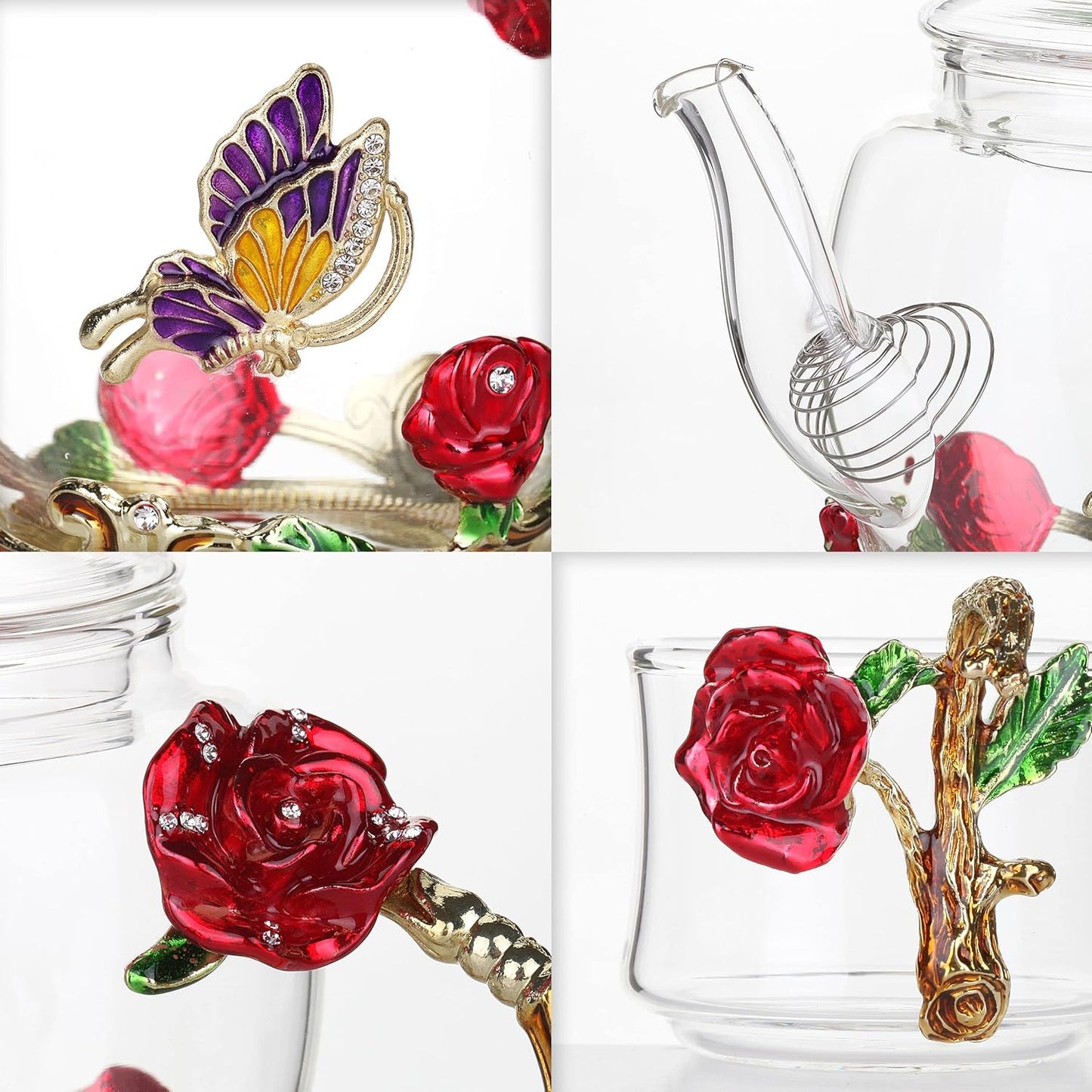 BTaT- Floral Glass Tea Set, 2 Fancy Cups, Small Glass Tea Set, Tea Pot Glass, Tea Kettle Set