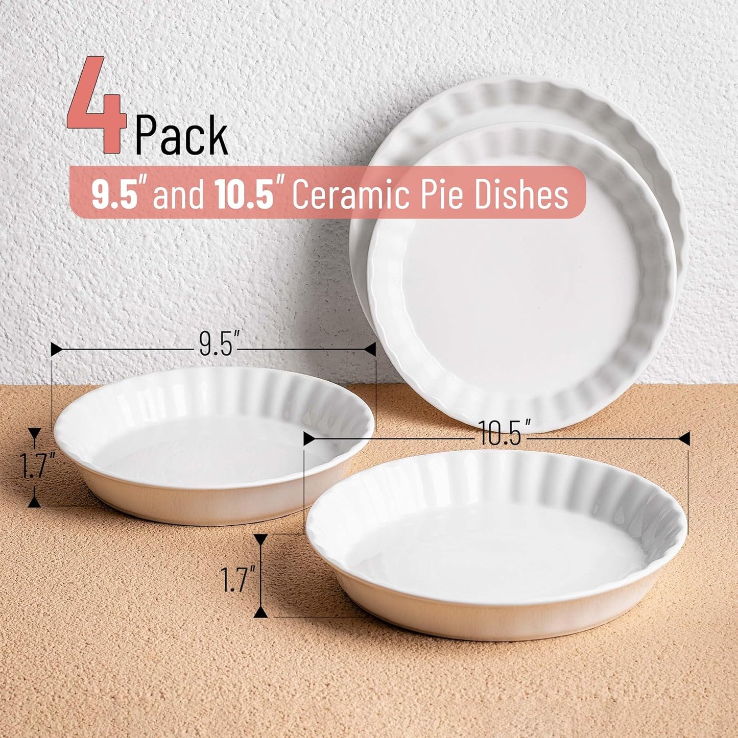 BTAT- Ceramic Pie Dish, 4 pcs, 10.5" and 9.5", White Pie Pans for Baking, Deep Dish Pie Plate, Deep Dish Pie Pan, Deep Pie Dish for Baking