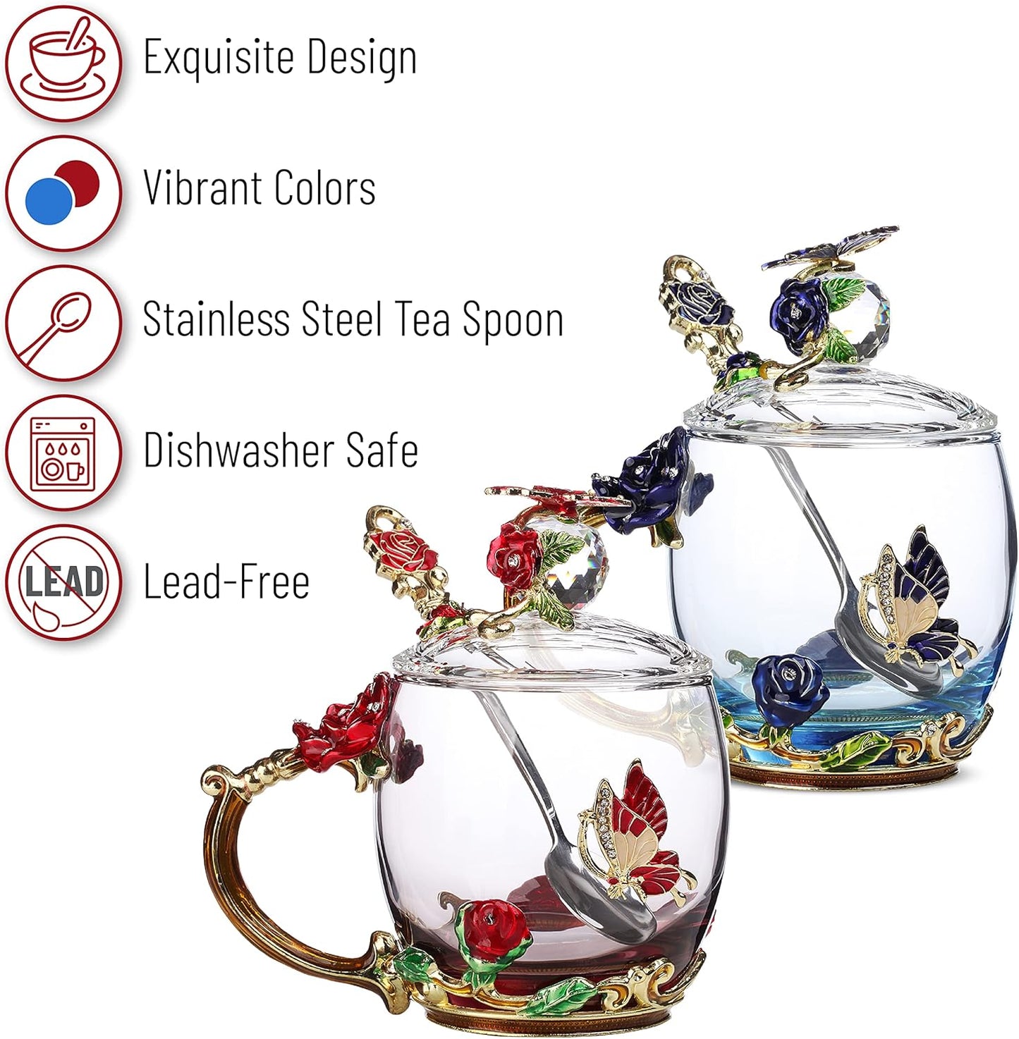 BTaT- Floral Glass Tea Cups with Lids, Pack of 2, Flower Tea Cups, Fancy Tea Cups