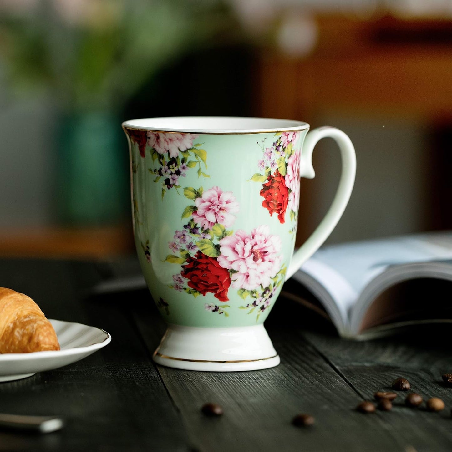 BTaT- Coffee Mugs, 12 oz, Set of 6, Floral Mugs, Porcelain Bone China, Tea Mug