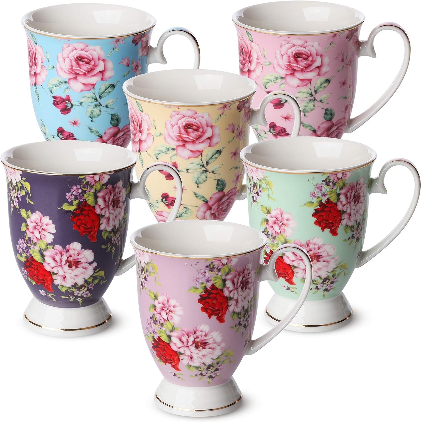 BTaT- Coffee Mugs, 12 oz, Set of 6, Floral Mugs, Porcelain Bone China, Tea Mug