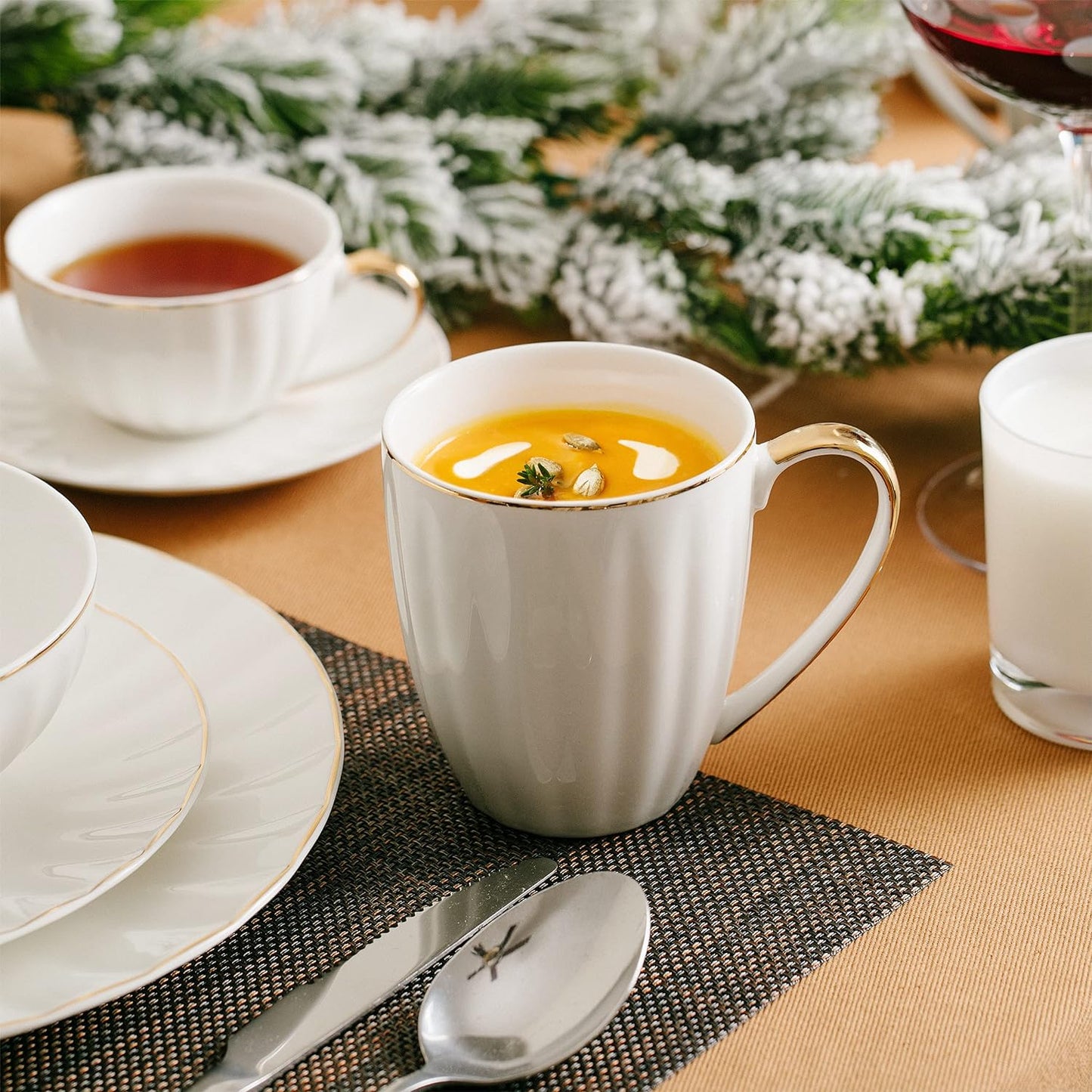 BTaT- White Coffee Mugs, Set of 6, 12oz, White Porcelain with Gold Trim Coffee Mug Set