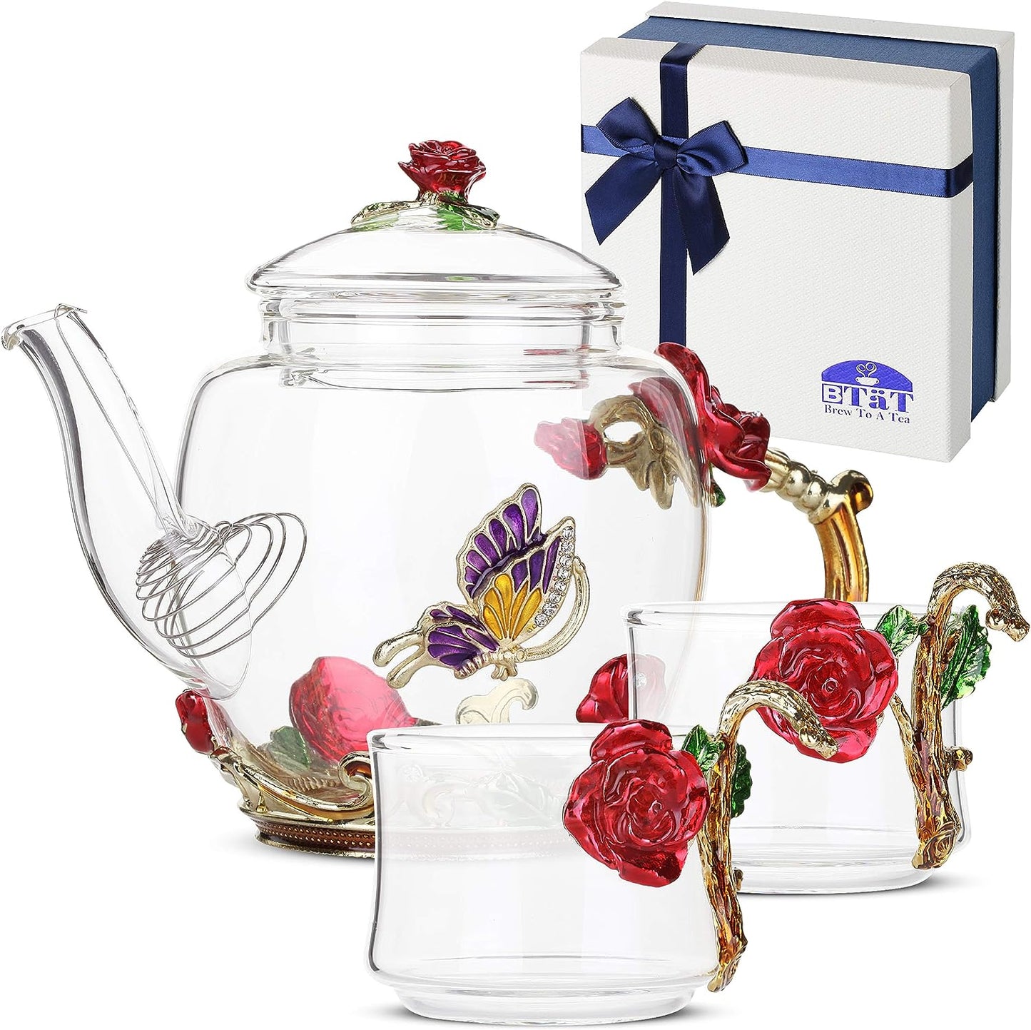 BTaT- Floral Glass Tea Set, 2 Fancy Cups, Small Glass Tea Set, Tea Pot Glass, Tea Kettle Set